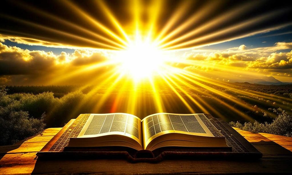 The presence of God. Light rays from the sky Illuminate the Bible