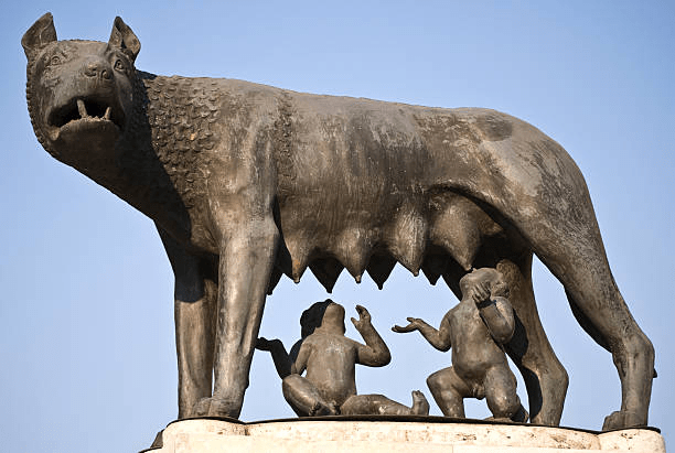Origin of Valentine's day celebration. Image of Romulus and Remus under a wolf.