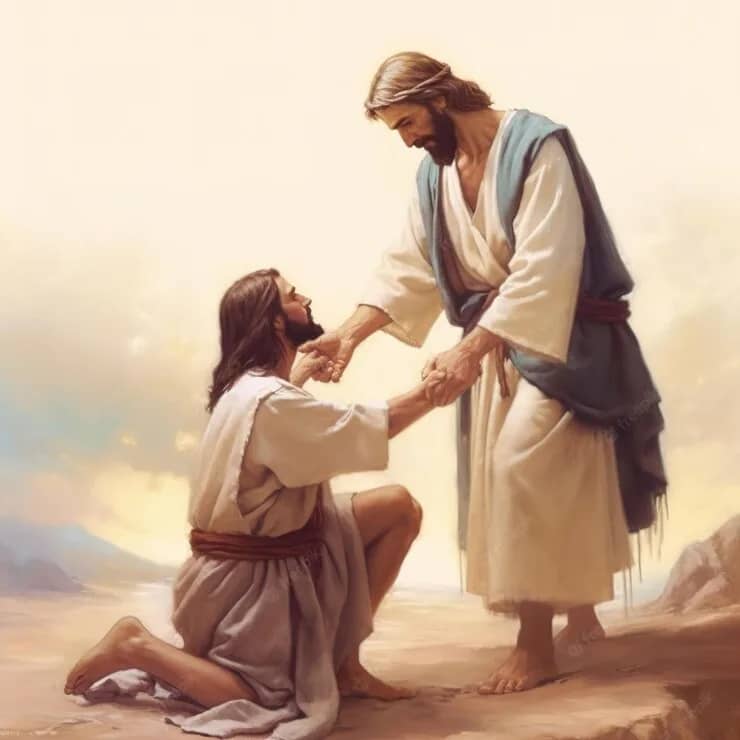 Repent now. The kingdom of God is at hand! Jesus taking the hand of a sinner